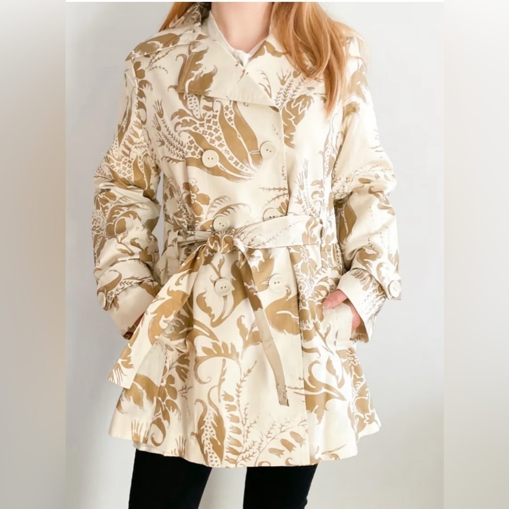 CAbi XS Floral Trench Coat Jacket Minimalist Chic Cotton Linen Neutral Cream Tan - Picture 6 of 13